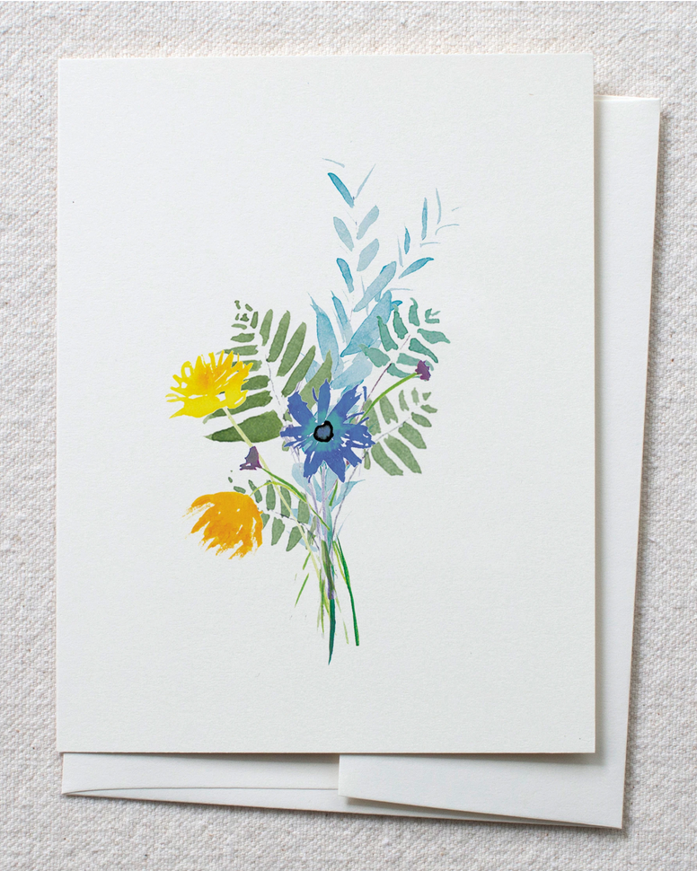 Card with wildflower and fern bouquet in watercolors