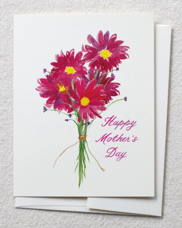photo of card with watercolor gerbera bouquet and text reading'happy mothers day'