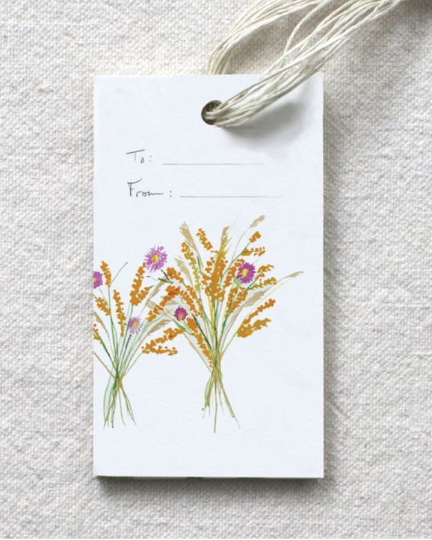 photo image of gift tage with tp; and from; fields and water color of harvest bouquet