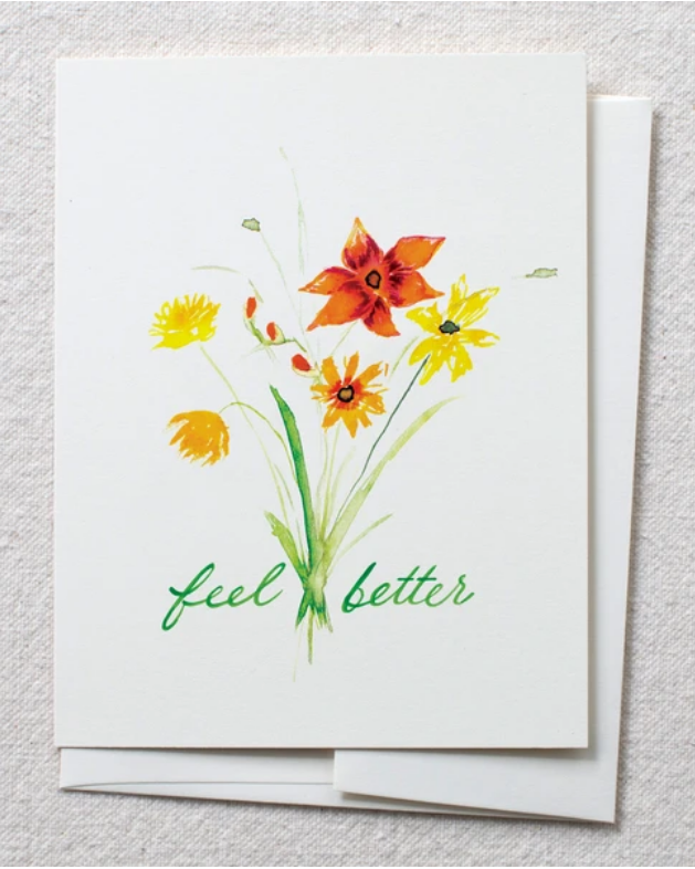 photo of card with watercolor fall colors bouquet and text reading ' feel better'