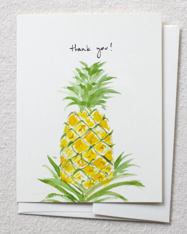 photo image of card with watercolor pineapple and the words 'thank you!'