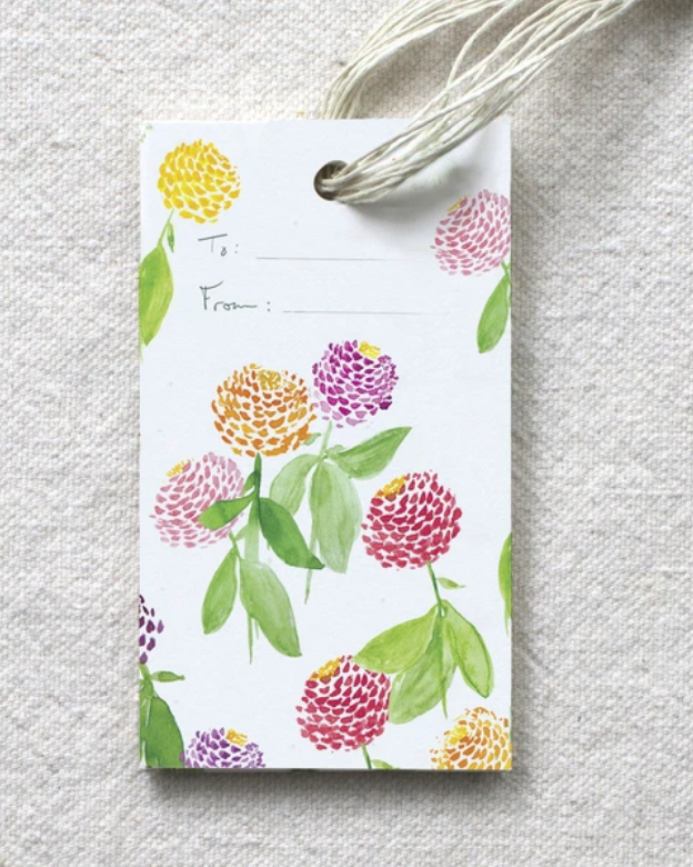 photo image of gift tag with blank to and from fields and watercolor image of Zinnias