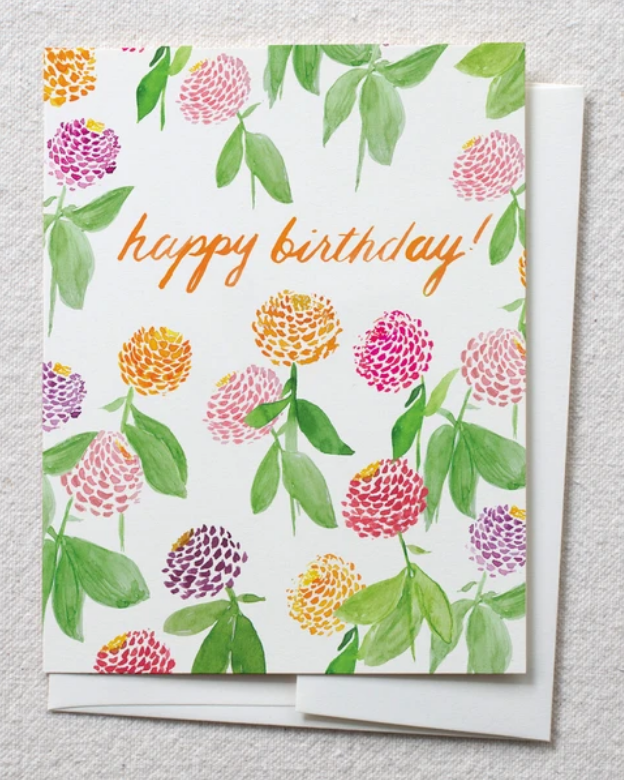 photo image of card with zinnias in watercolor and text reading 'happy birthday'