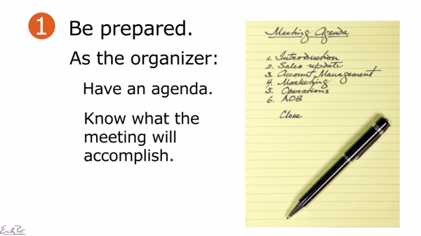 slide: photo of pad and pen with overlay text on meeting tips