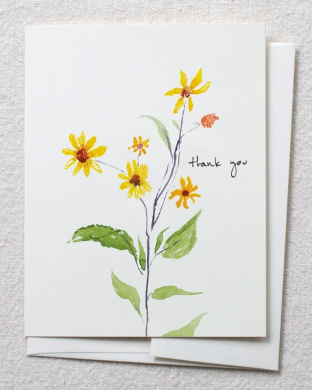 photo of card with watercolor brown eyed susan and text reading 'thank you'