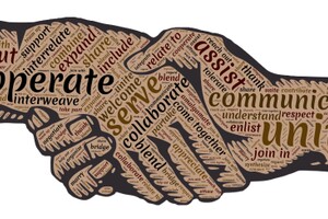 stencil of hands shaking with etiquette-related words filling the outline