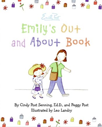 Cover image of emily's Out and About showing title and illustration of mother holding the hand of a little girl in a hat with a flower