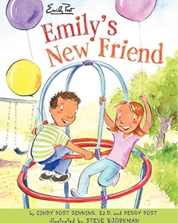 Emily's New Friend book cover image showing title and young emily playing at the playground with a friend holding balloons
