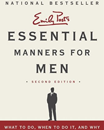 cover image for Emily Post's Essential Manners for Men 2nd edition showing title and a silhouette image of man in a suit