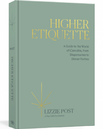 3D photo image of the book Higher Etiquette. Title is in gold leaf on a green canvas cover.