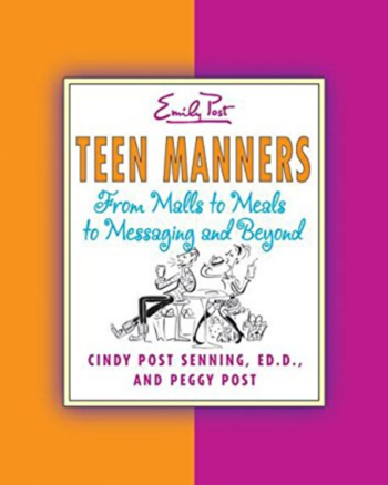 cover image for Teen Manners showing title and illustration of two teens shopping, eating and talking on the phone