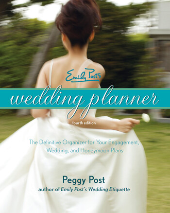 cover image of Emily Post's Wedding Planner showing title on ribbon over image of bride turning away in a white dress
