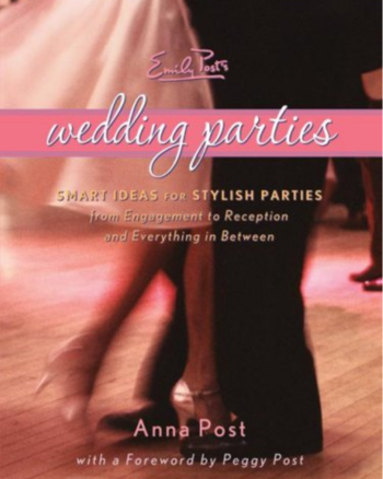cover image of Emily POst's Wedding Parties with title on a ribbon over image of a couples legs dancing on a dance floor