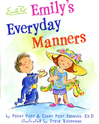 Illustrated cover image from Emily's Everyday Manners showing title and little boy offering a cup of tea playfully to a young emily