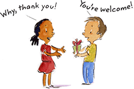 illustration of a little girl giving a gift to a little boy while saying 'thank you' and 'you're welcome'