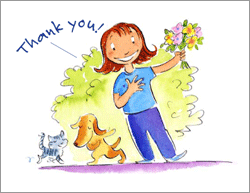 Illustration of little girl holding flowers saying thank you
