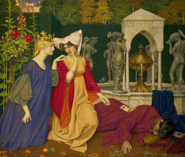 painting: middle ages, ladies at court look at a sleeping man in the garden