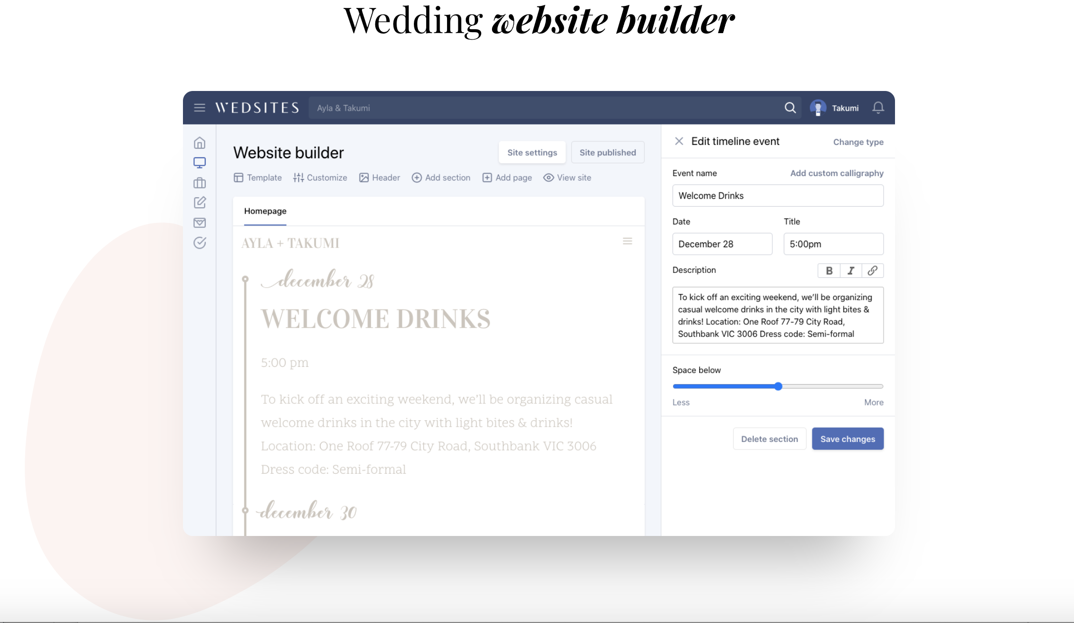 A screenshot from the Wedsites Website depicting how easy it is for your to set up your wedding website using their website builder. We see easy drag and drop and fill in information that is all customziable