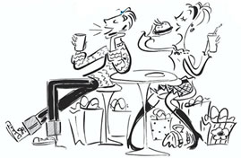 illustration of two teens eating, drinking coffee and talking on cell phones